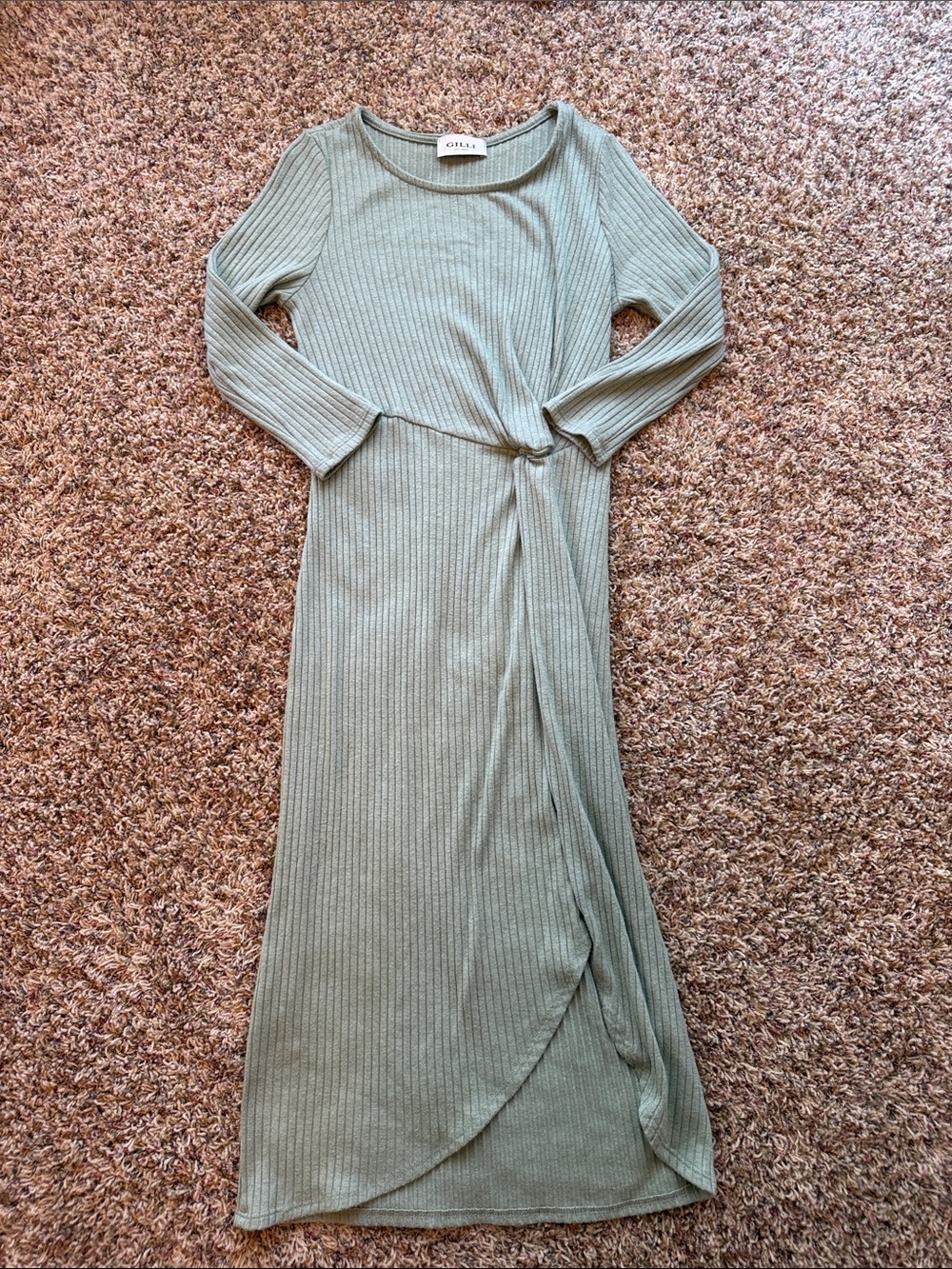 Gilli Sage Green Ribbed Long Sleeve Midi Slit Dress